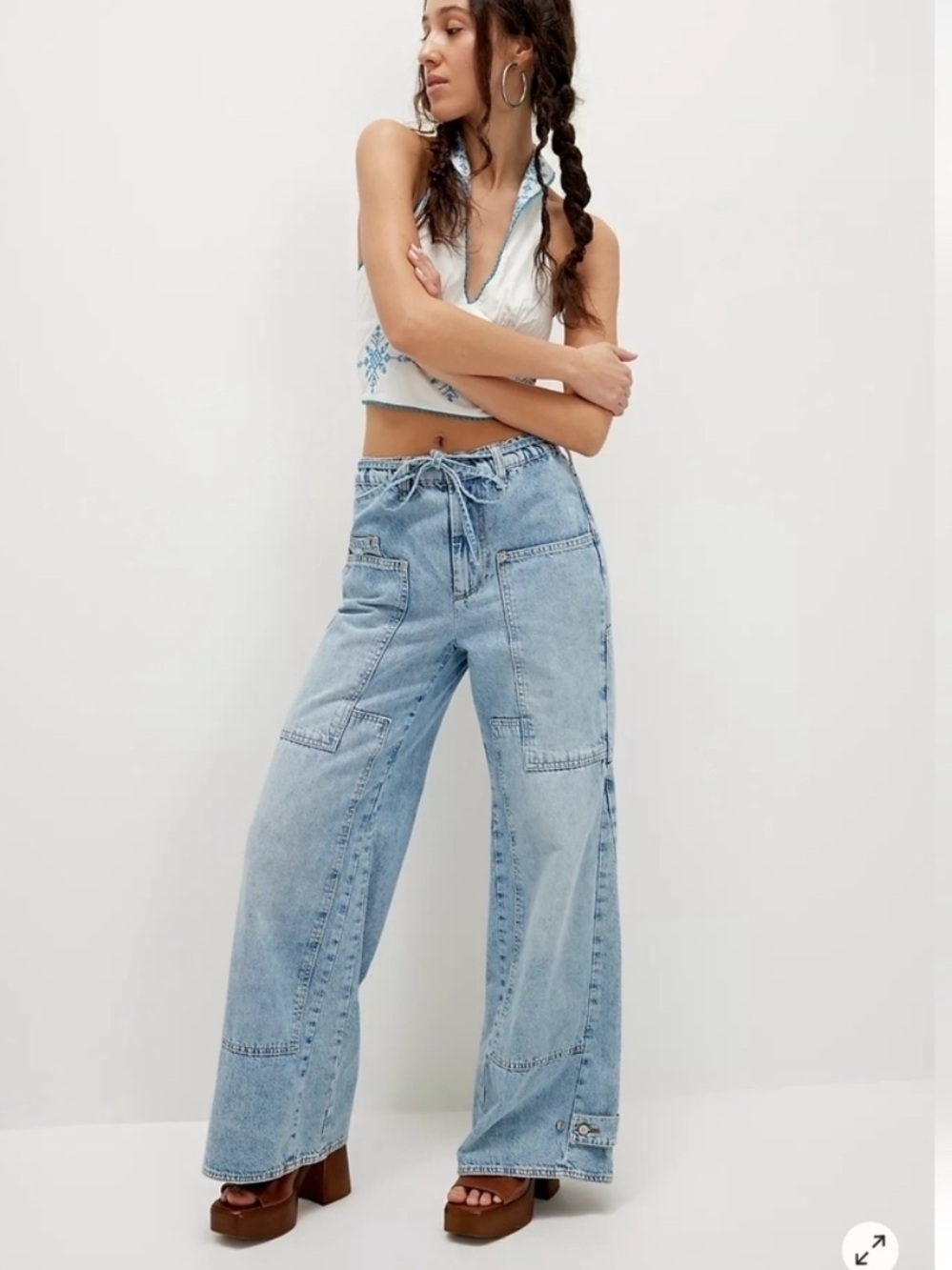 Free People CRVY Outlaw Wide-Leg Jeans NWOT oversized tie elastic waist XS